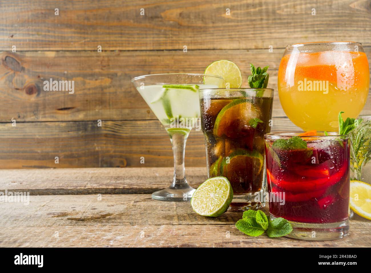 Selection of summer alcohol drinks mocktails and cocktails. Aperol