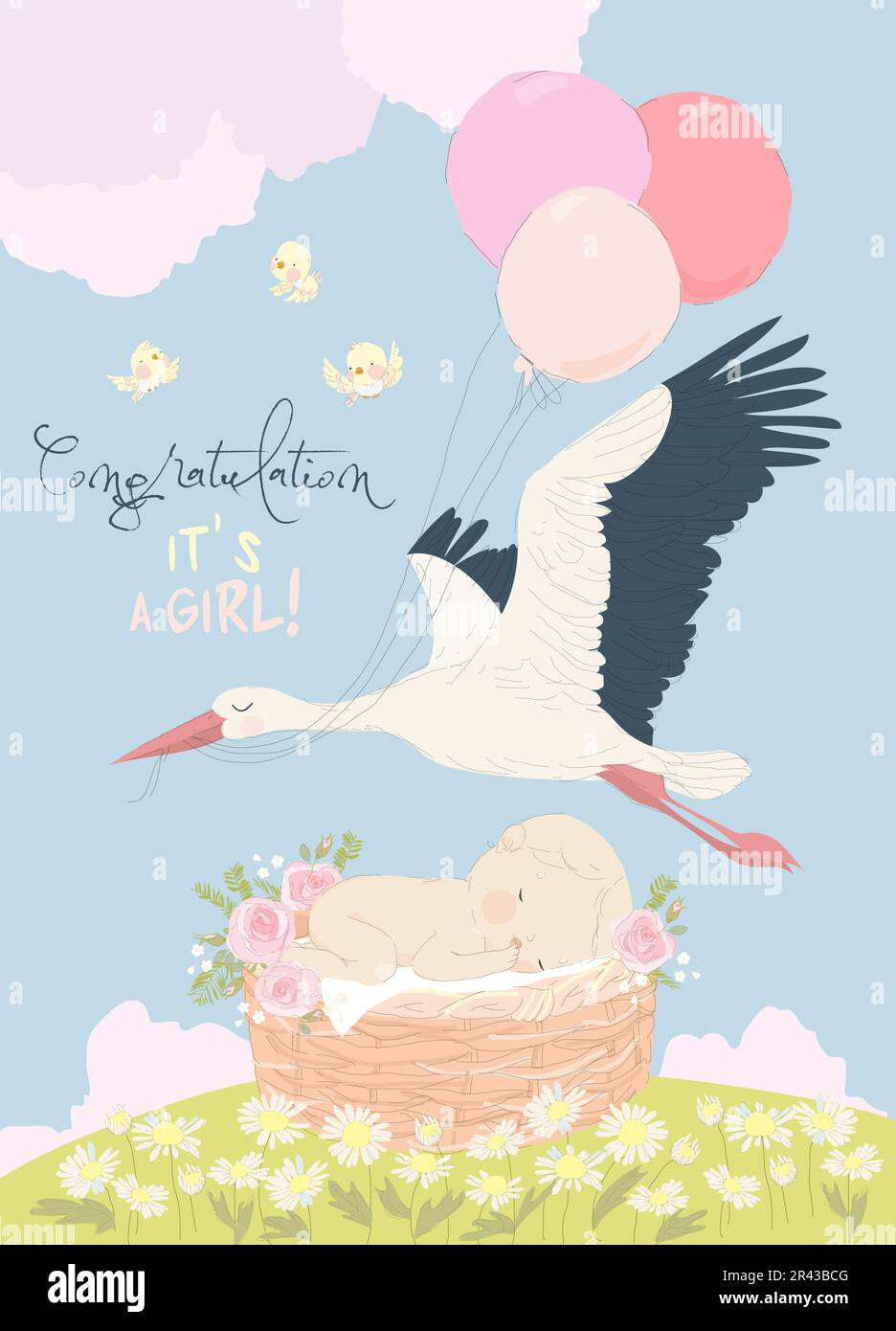 Stork delivering Baby Girl. It s a Girl. Baby Shower Card Stock Vector
