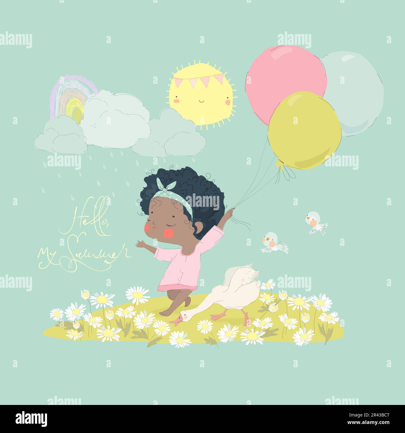 Happy Girl running on Meadow with Funny Goose Stock Vector Image & Art