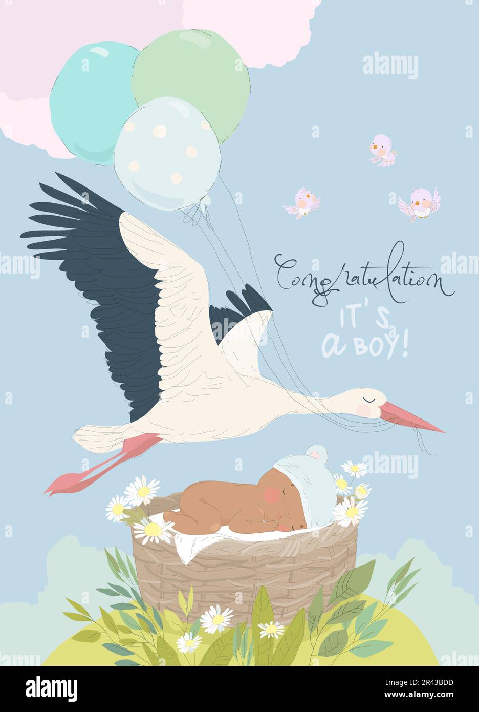 Stork delivering Baby Boy. It s a Boy. Baby Shower Card Stock Vector