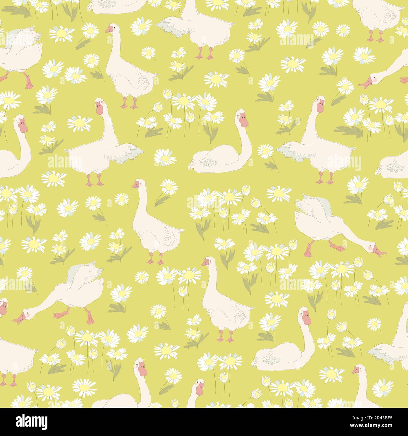 Seamless Pattern with Chamomile and Gooses on Green Background Stock Vector