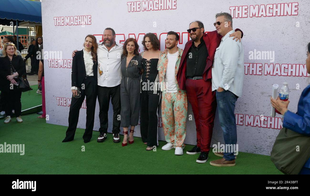 Los Angeles, California. 25th May 2023 (L-R) Actress Iva Babic, Comedian/Actor Bert Kreischer, Actress Stephanie Kurtzuba, Actress Jess Gabor, Actor/Comedian Jimmy Tatro and Director Peter Atencio attend the Los Angeles Premiere of Sony Pictures' 'The Machine' at Regency Village Theatre on May 25, 2023 in Los Angeles, California. , USA. Photo by Barry King/Alamy Live News Stock Photo