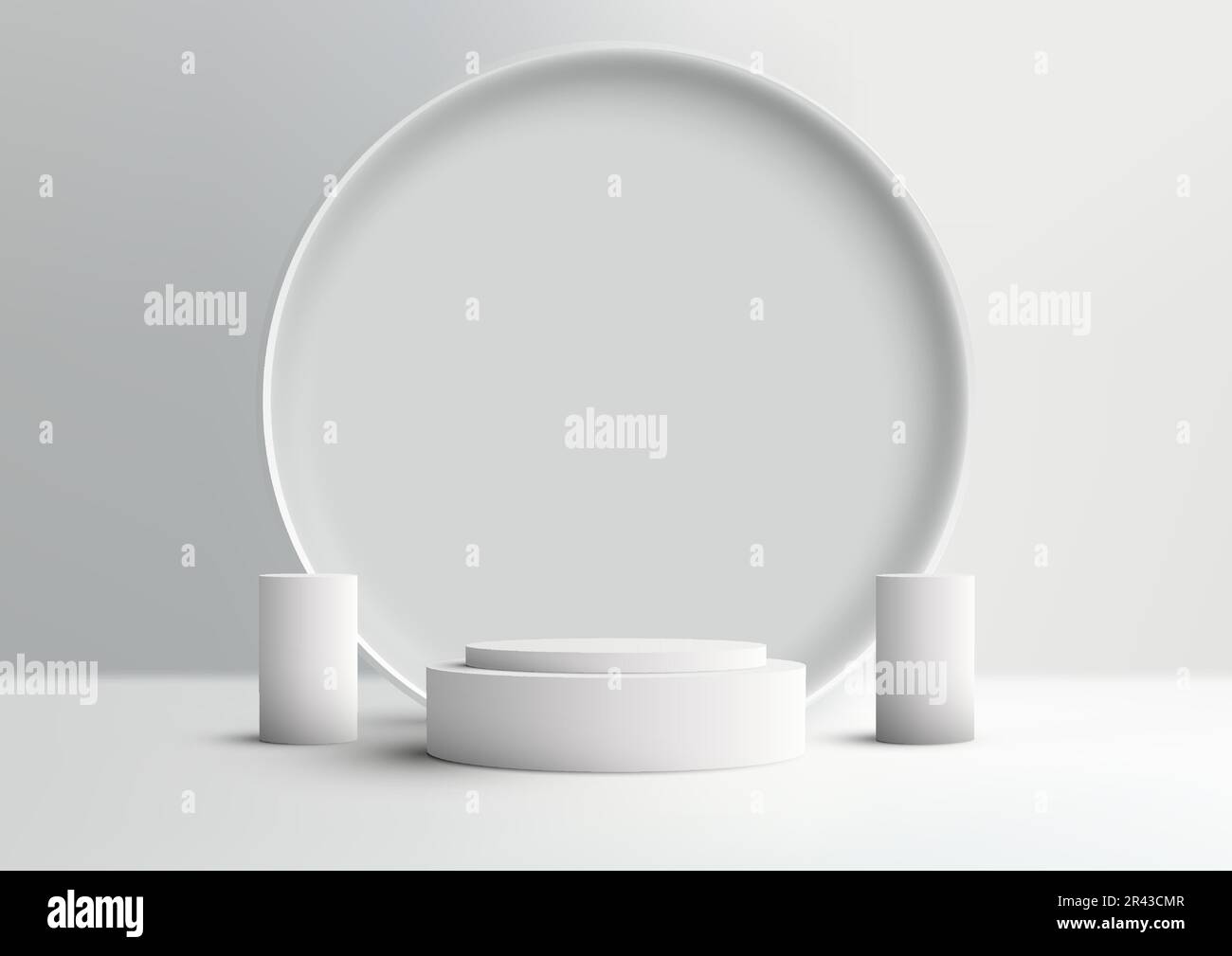 3D realistic empty white podium stand with circle backdrop decoration ...