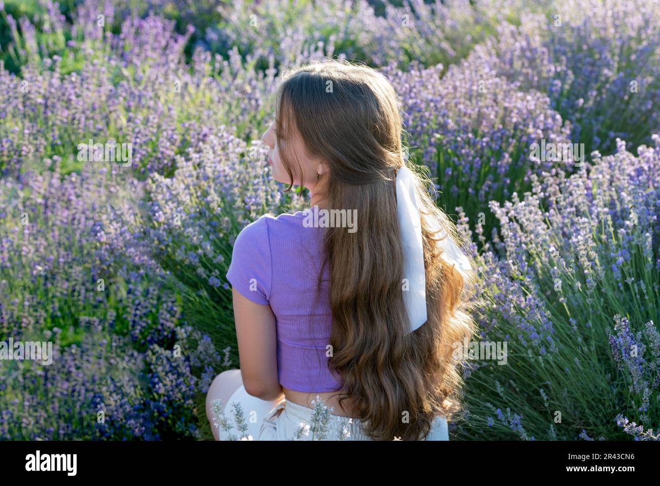 Portrait of girl with long hair in lavender provence. Beautiful young ...