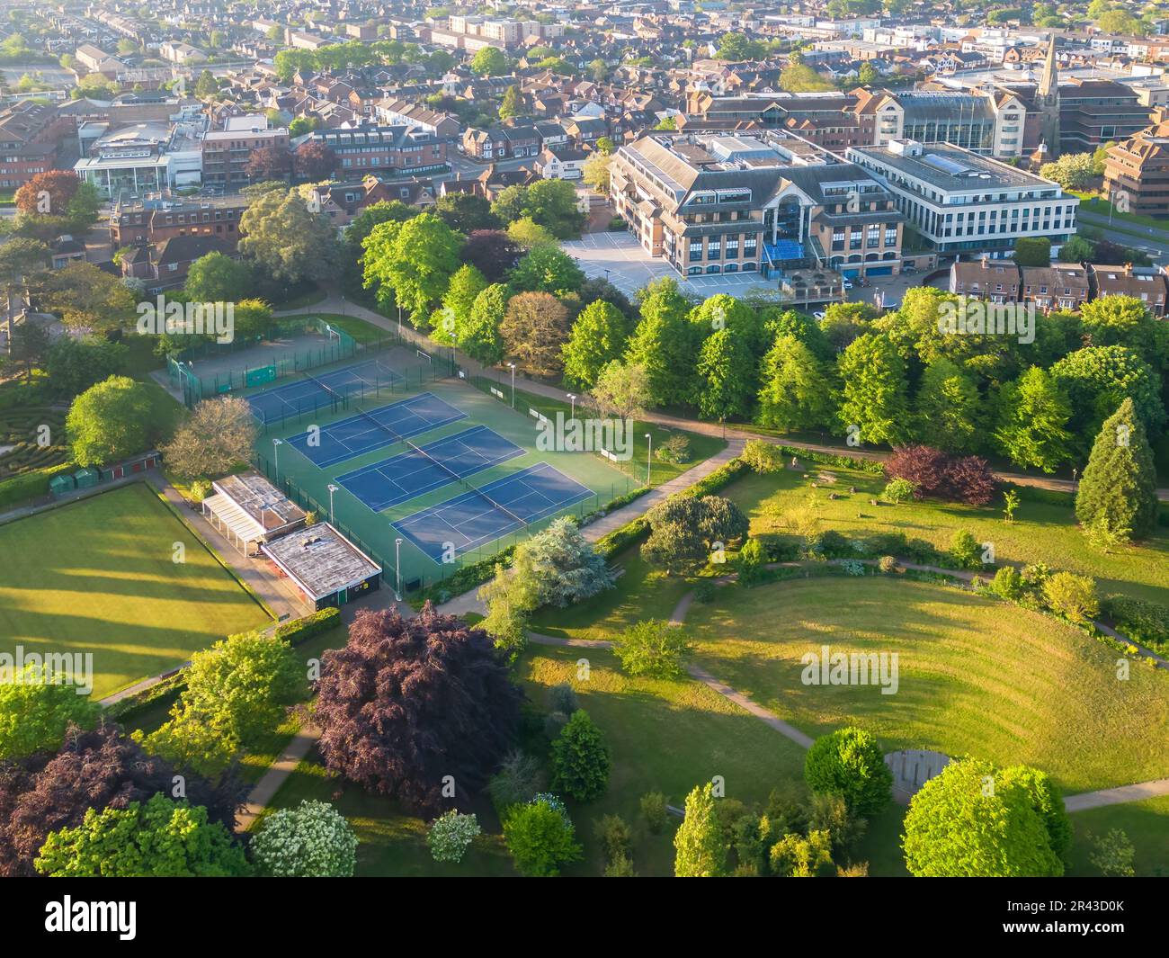 aerial view of horsham town centre , horsham park tennis courts  in west sussex Stock Photo