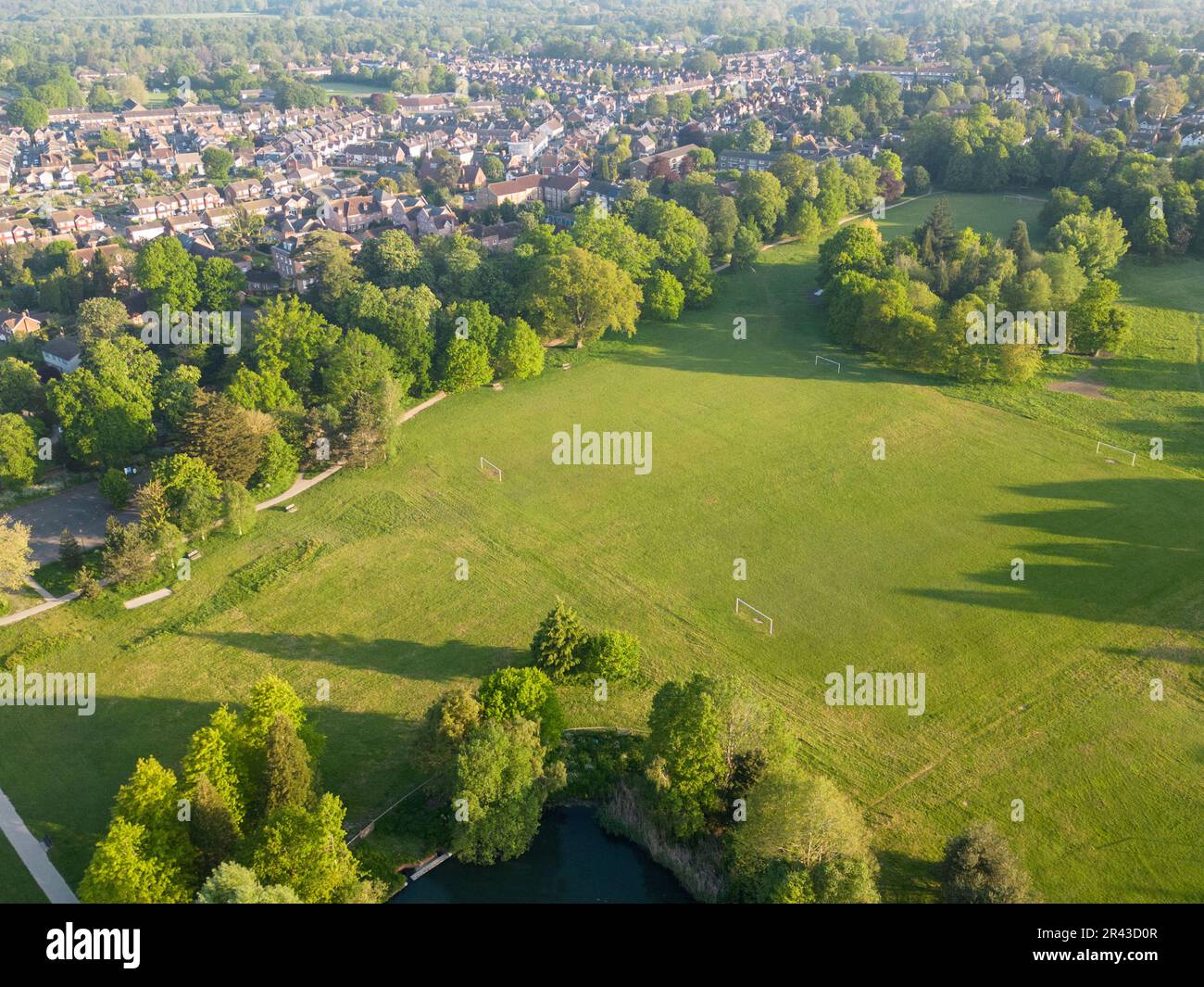 aerial view of horsham , horsham park football pitches in west sussex Stock Photo