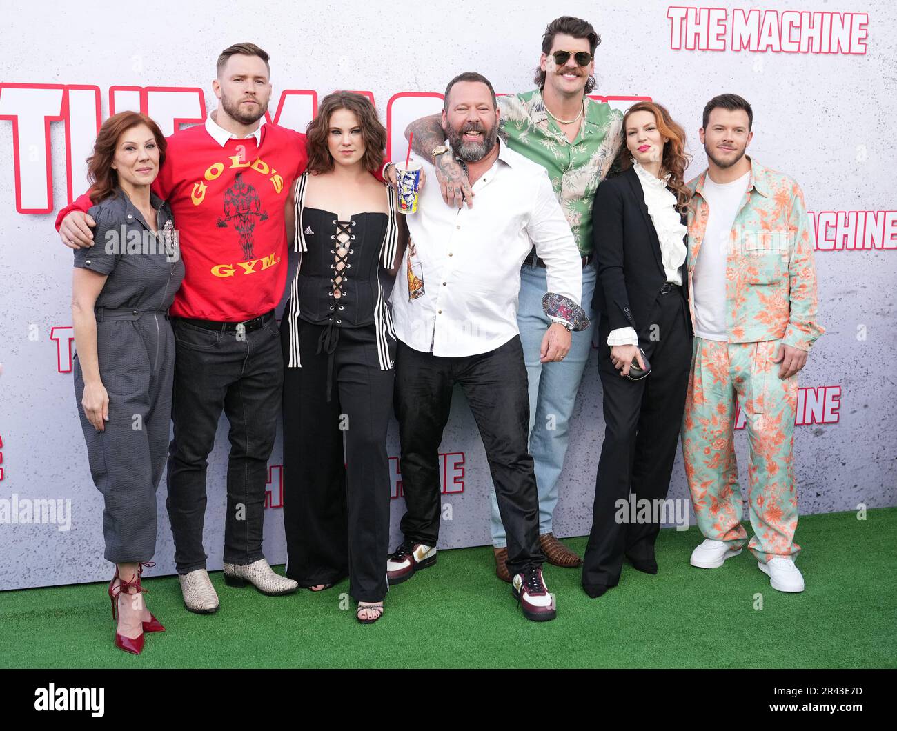 Los Angeles, USA. 25th May, 2023. (L-R) Stephanie Kurtzuba, William Compton, Jess Gabor, Bert Kreischer, Taylor Lewan, Iva Babic and Jimmy Tatro at the Sony Pictures' THE MACHINE Los Angeles Screening held at the Regency Village Theater in Westwood, CA on Thursday, ?May 25, 2023. (Photo By Sthanlee B. Mirador/Sipa USA) Credit: Sipa USA/Alamy Live News Stock Photo
