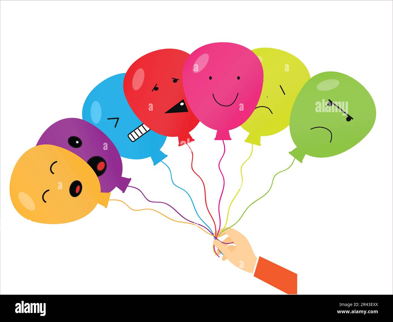 Hand holding colorful balloons with different facial expressions Stock