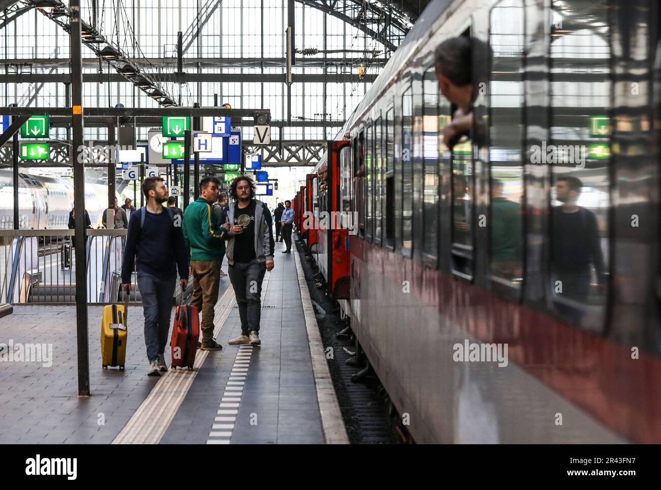 Amsterdam, The Netherlands. May 26, 2023. Passengers on the platform for the new night train