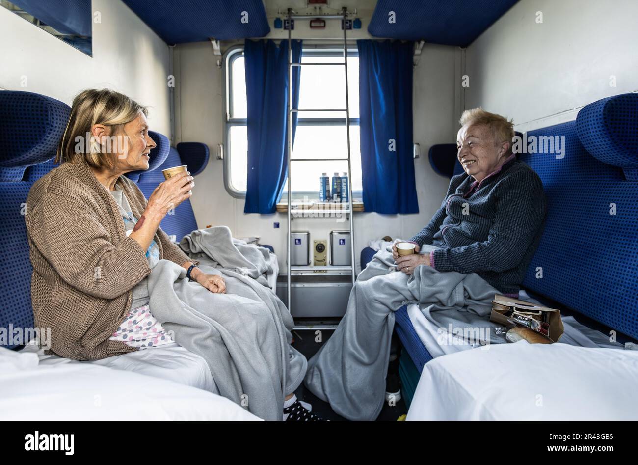 Deventer, The Netherlands. May 26, 2023. Passengers on board the new night train that runs