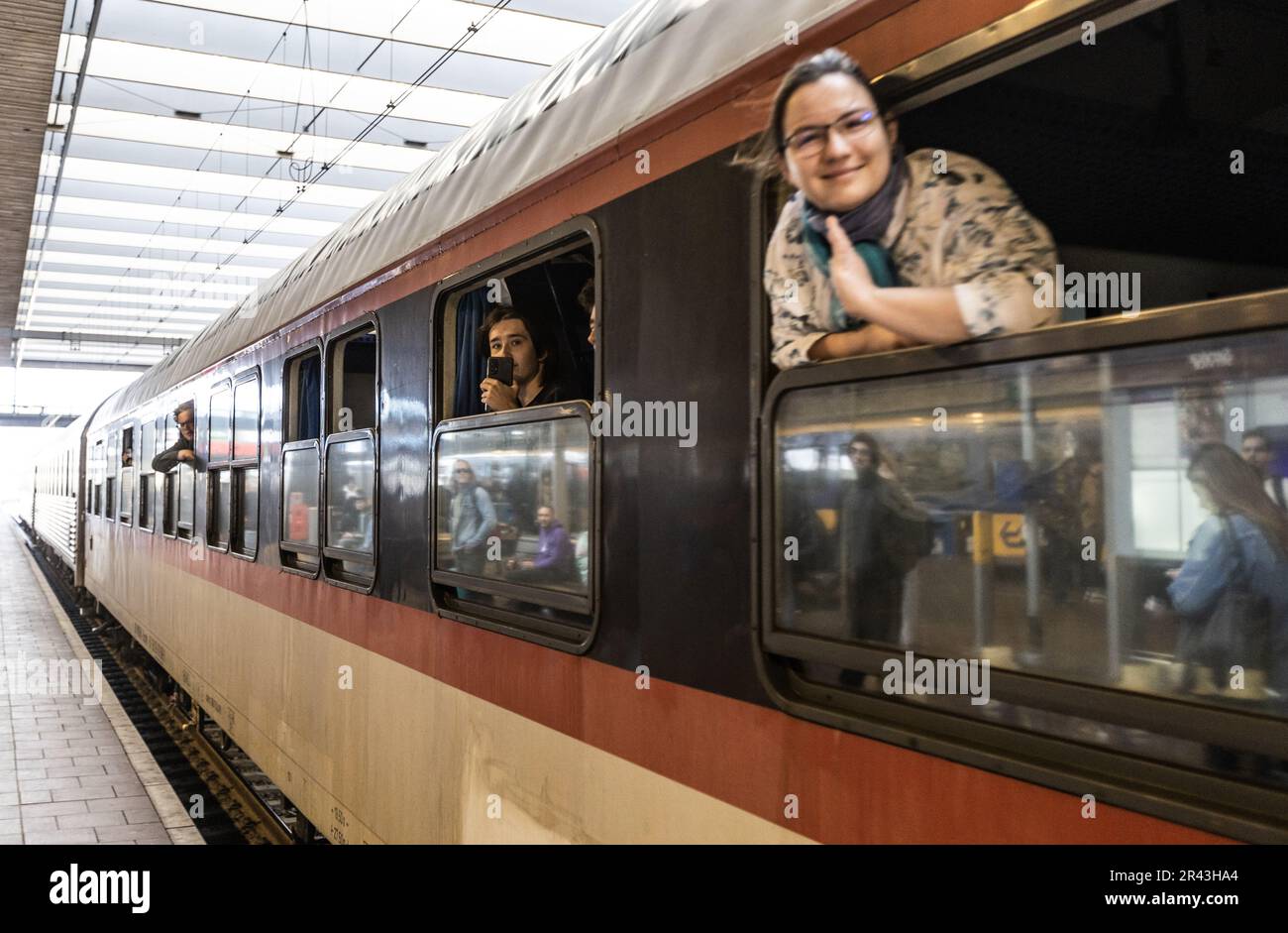 Rotterdam, The Netherlands. May 26, 2023. Passenger on board the new night train that runs
