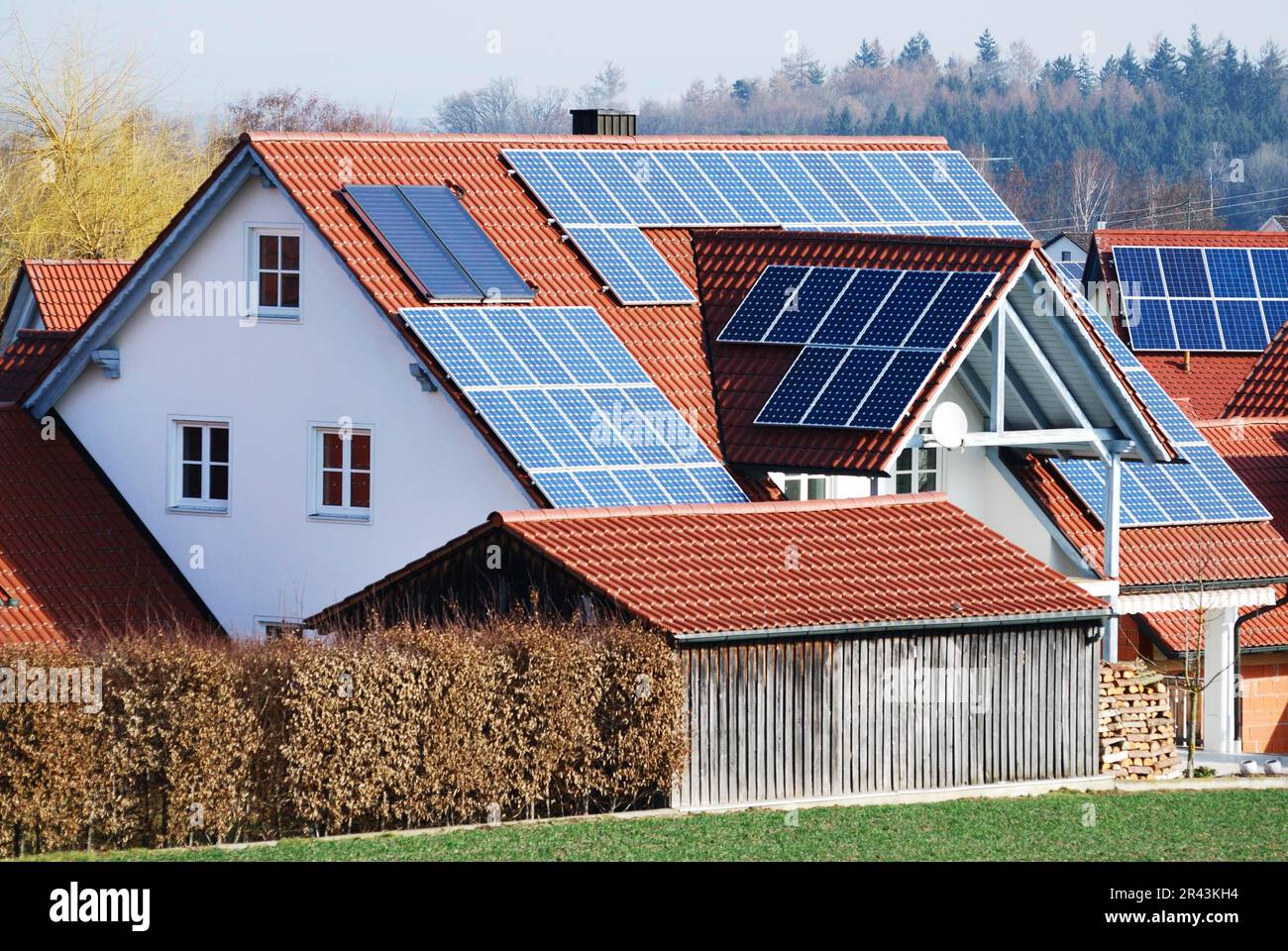 Photovoltaic, Electricity generation with solar panels on the roof Stock Photo