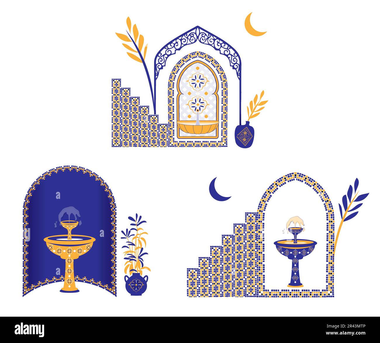 Moroccan scene, house, door, window and traditional mosaic pattern. Islamic window and gate shape set. Silhouette of Arabic door and window design. Stock Vector
