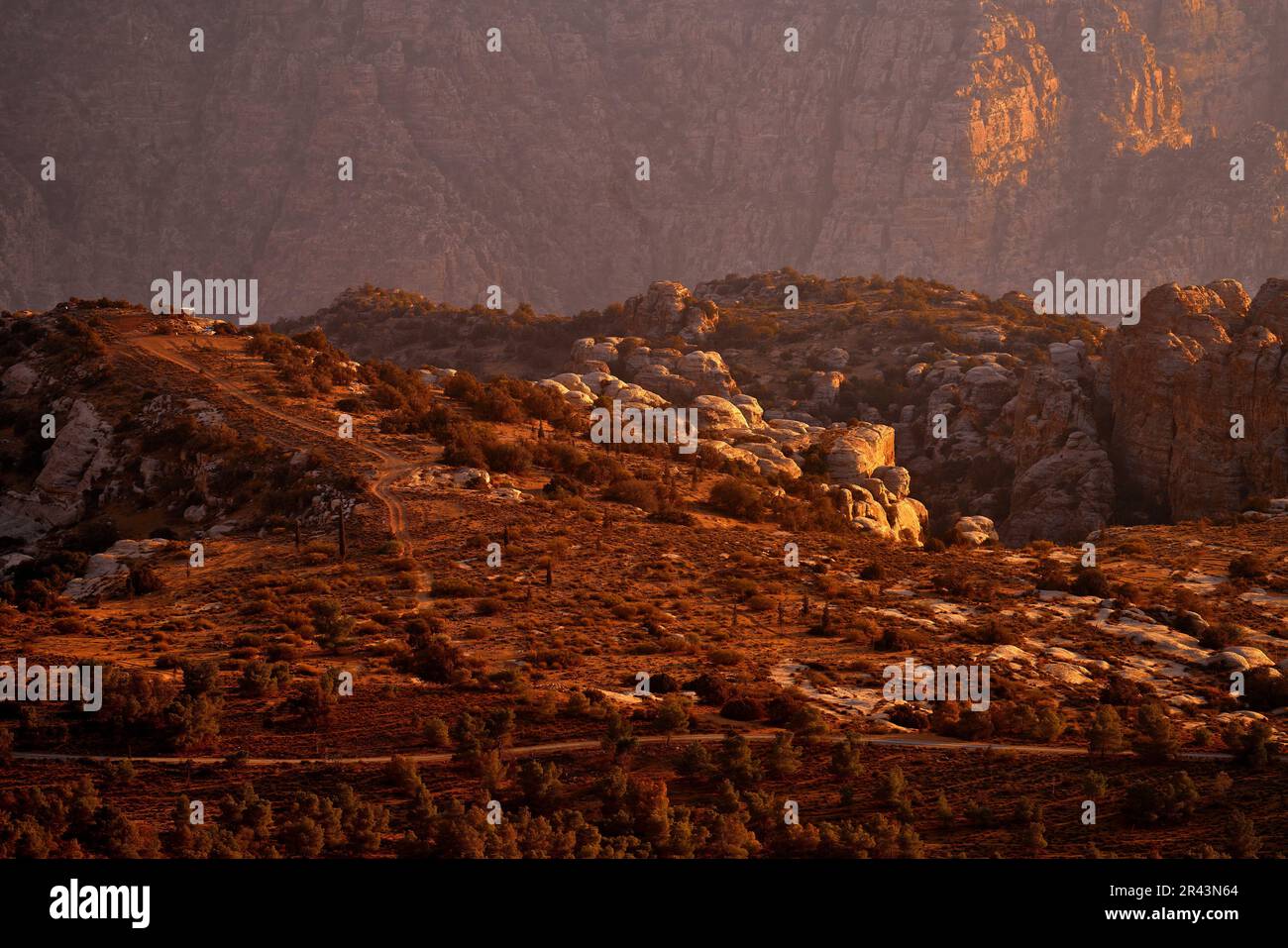 Jordan sunset landscape. Rocky mountain with orange evening in Dana Biosphere Reserve, Jorda. Traveling in Arabia. Stones and valley in Dana nature, w Stock Photo