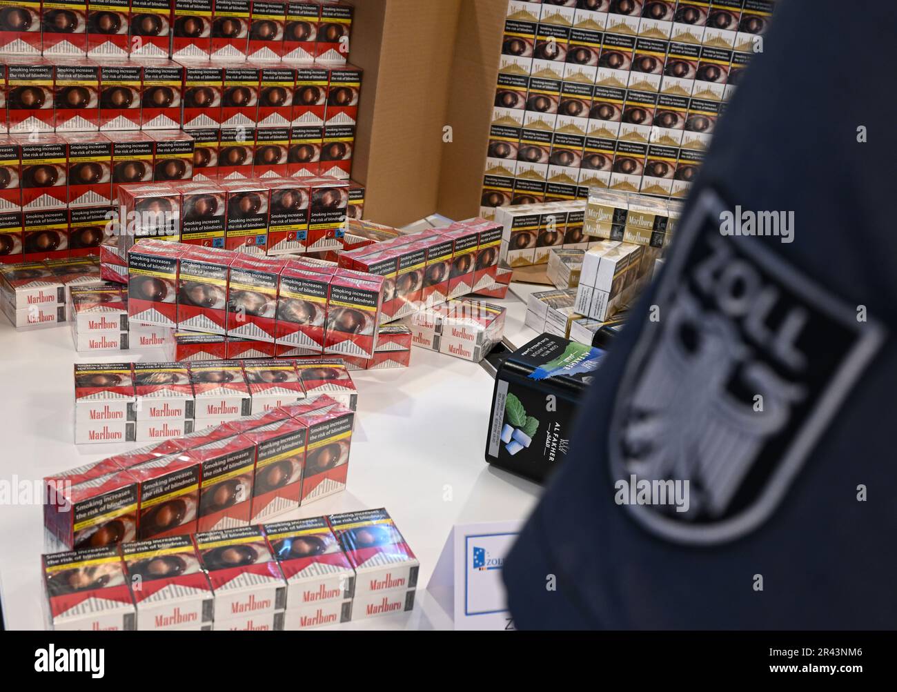 Frankfurt, Germany. May 26, 2023.  Counterfeit and untaxed cigarettes are presented at the annual press conference of the Main Customs Office and Customs Investigation Office Frankfurt am Main at the airport. Photo: Arne Dedert/dpa/Alamy Live News Stock Photo
