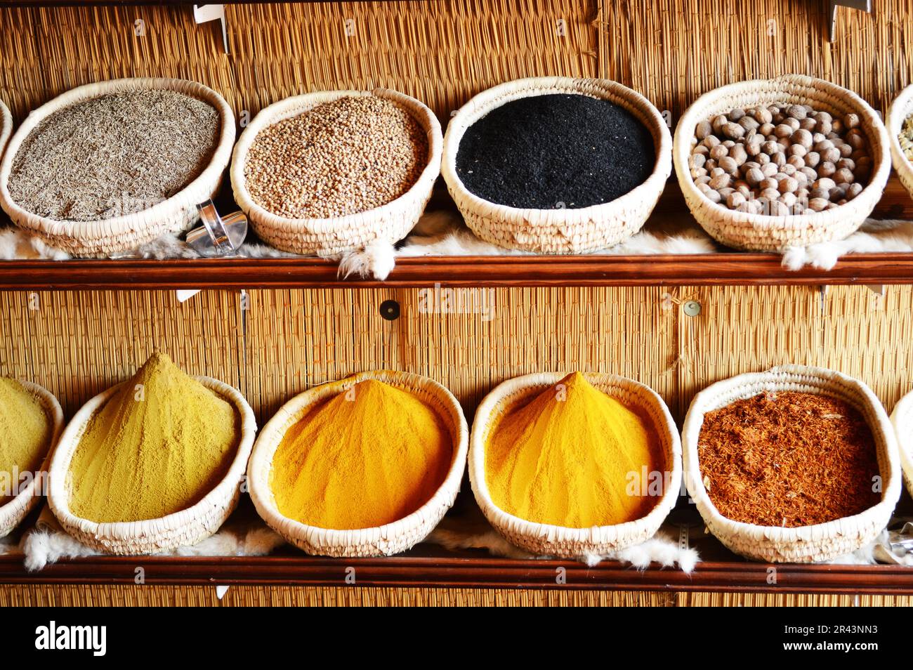 Spices in Arabic store including turmeric and curry powder Stock Photo