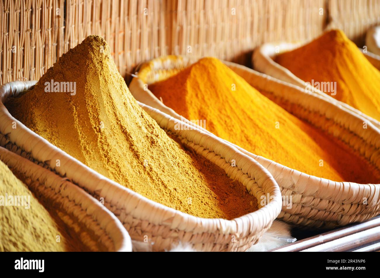 Spices in arabic store including turmeric and curry powder Stock Photo