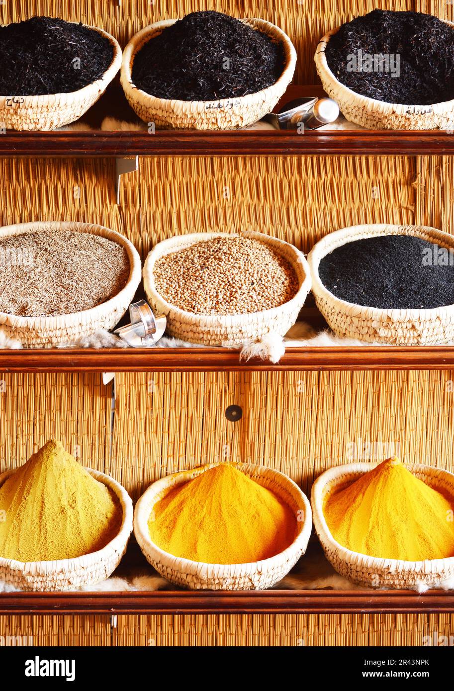 Spices in Arabic store including turmeric and curry powder Stock Photo