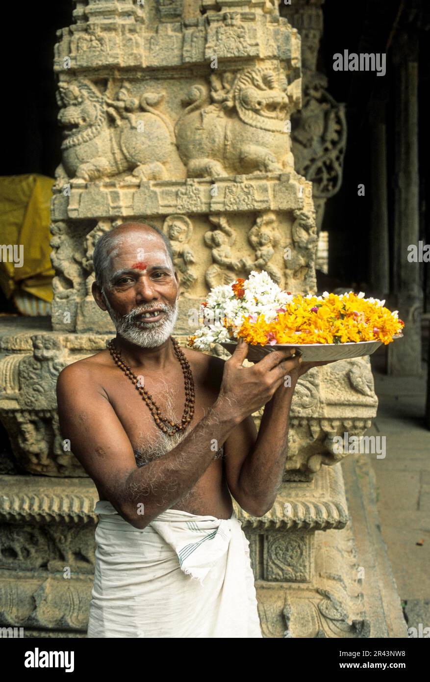 A devotee with flower standing in Bhuvaraha Vishnu temple dedicated to the boar at Srimushnam near Virudhachalam, Tamil Nadu, South India, India, Asia Stock Photo