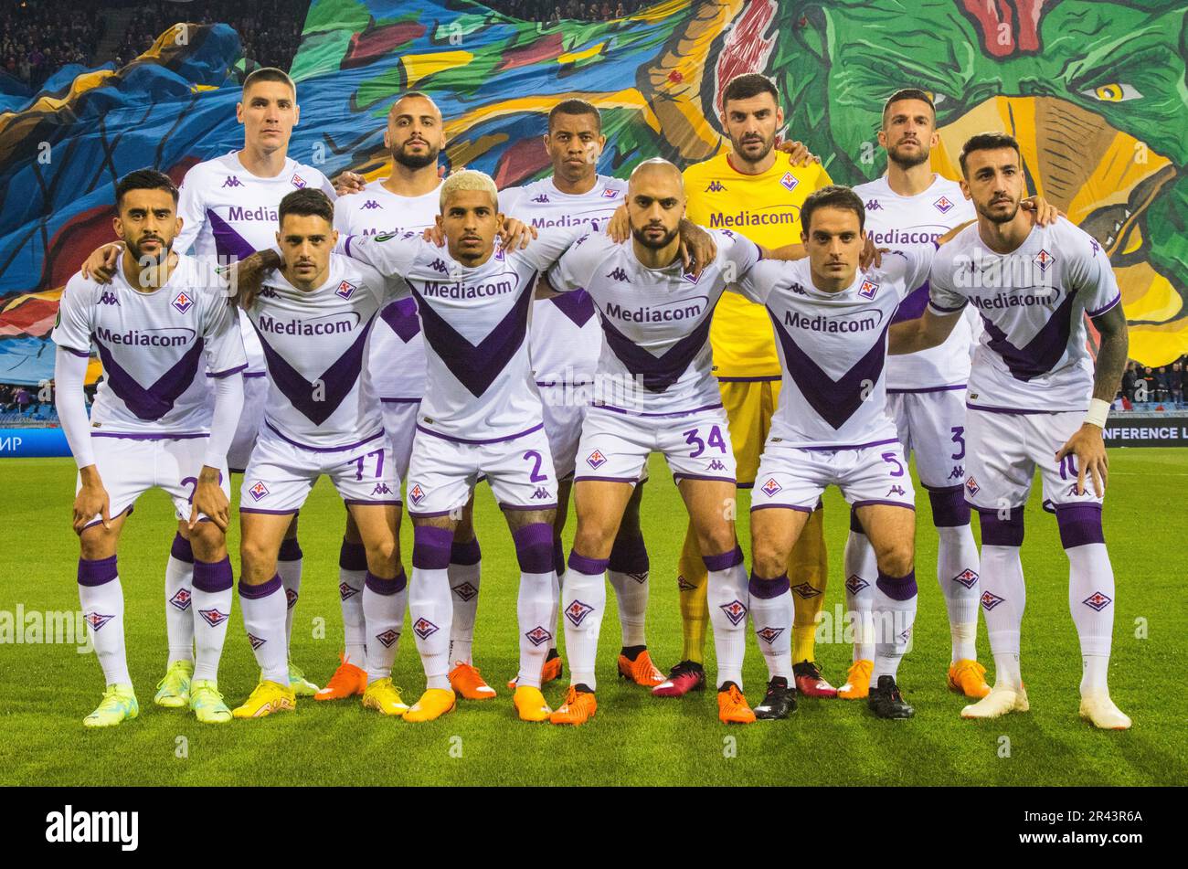 The ACF Fiorentina team: Back from left to right: Nikola MILENKOVIC, Arthur CABRAL, IGOR, Pietro TERRACCIANO, Cristiano BIRAGHI. Front from right: Stock Photo