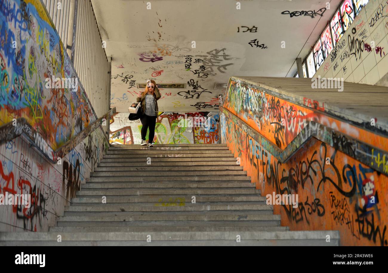 Graffiti, Stairs, Joachim Tiburtius Bridge, Steglitz, Berlin, Germany Stock Photo