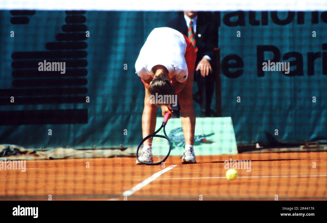 Anke Huber, deutsche Tennisspielerin, auf dem Tennisplatz am verzweifeln. Stock Photo