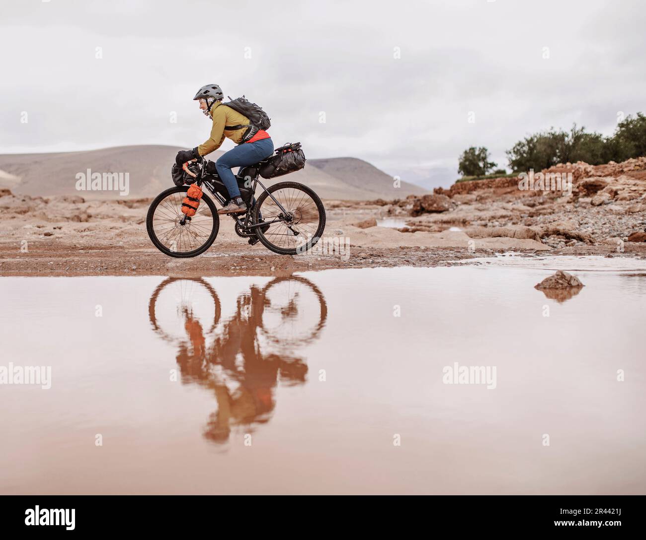 A female cyclist is reflected in muddy water, Atlas Mountains, Morocco Stock Photo