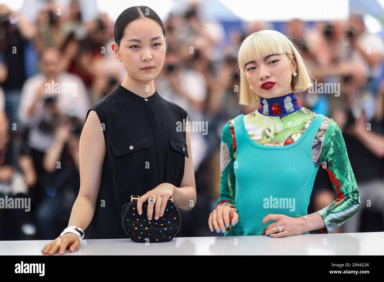 Arisa Nakano, left, and Aoi Yamada pose for photographers at the photo