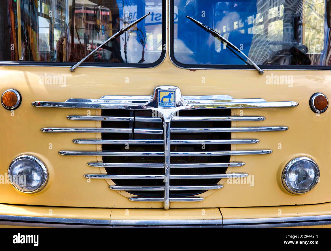 Radiator grille with logo of the Buessing DF double-decker bus of the BVG, Classic Days, Berlin, Germany Stock Photo