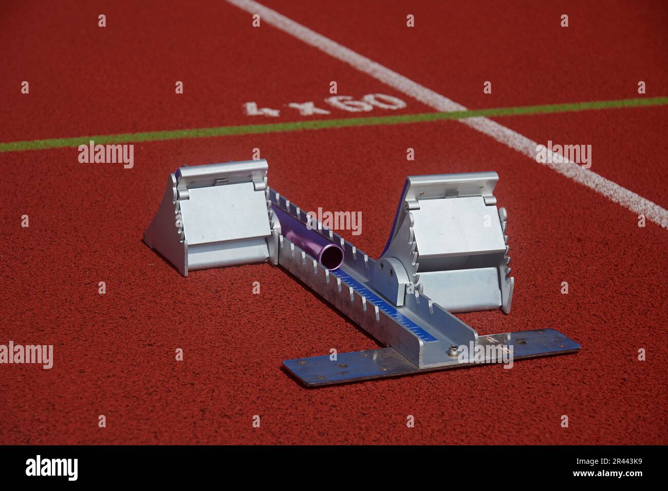 Close up of starting blocks at an athletics running track Stock Photo