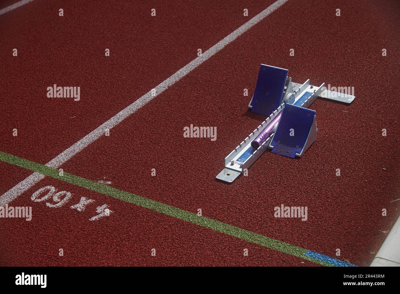 Close up of starting blocks at an athletics running track Stock Photo