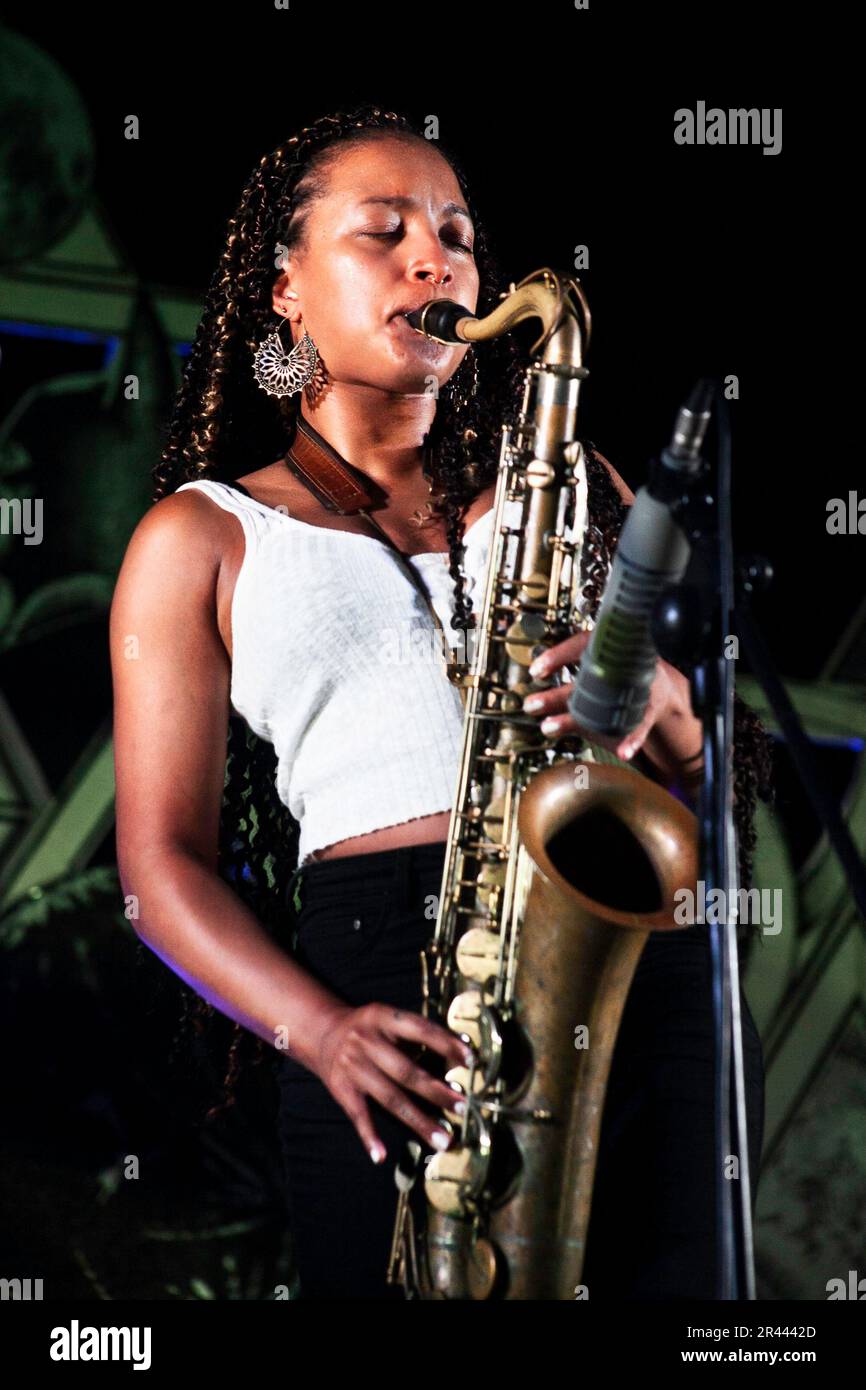 Nubya Garcia performs live with her band Summer 2019, Sardinia, Italy Stock Photo