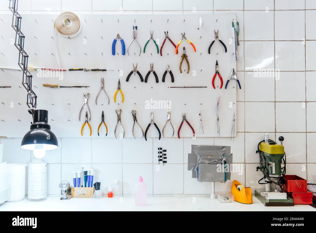 table of tools for the creation of glasses of an optician Stock Photo