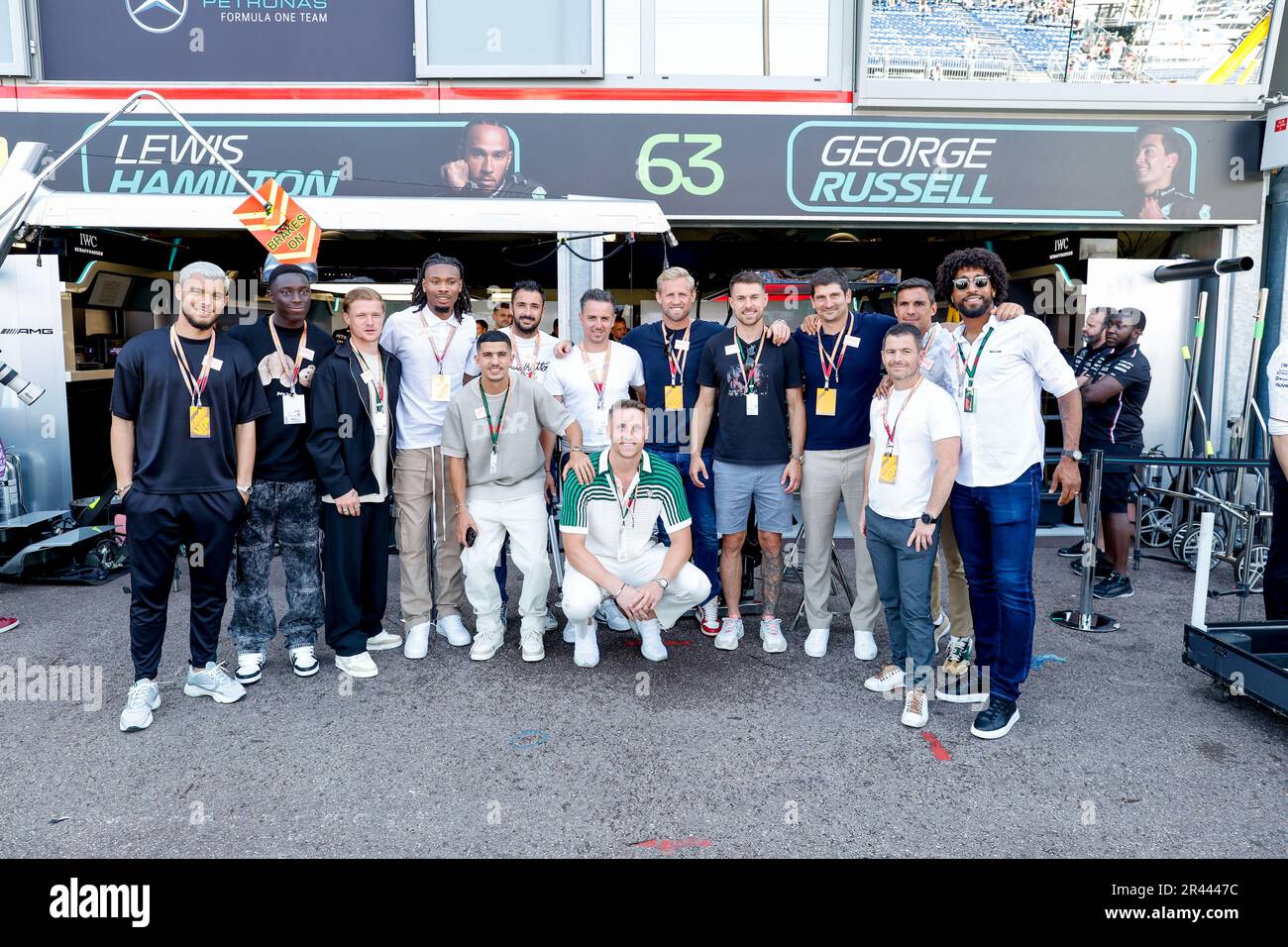 Monaco. May 25, 2023. The OGC Nice football team players in front of the Mercedes AMG F1 Team garage, during the Formula 1 Grand Prix de Monaco 2023, 6th round of the Monaco. May 25, 2023. The OGC Nice football team players in front of the Mercedes AMG F1 Team garage, during the Formula 1 Grand Prix de Monaco 2023, 6th round of the