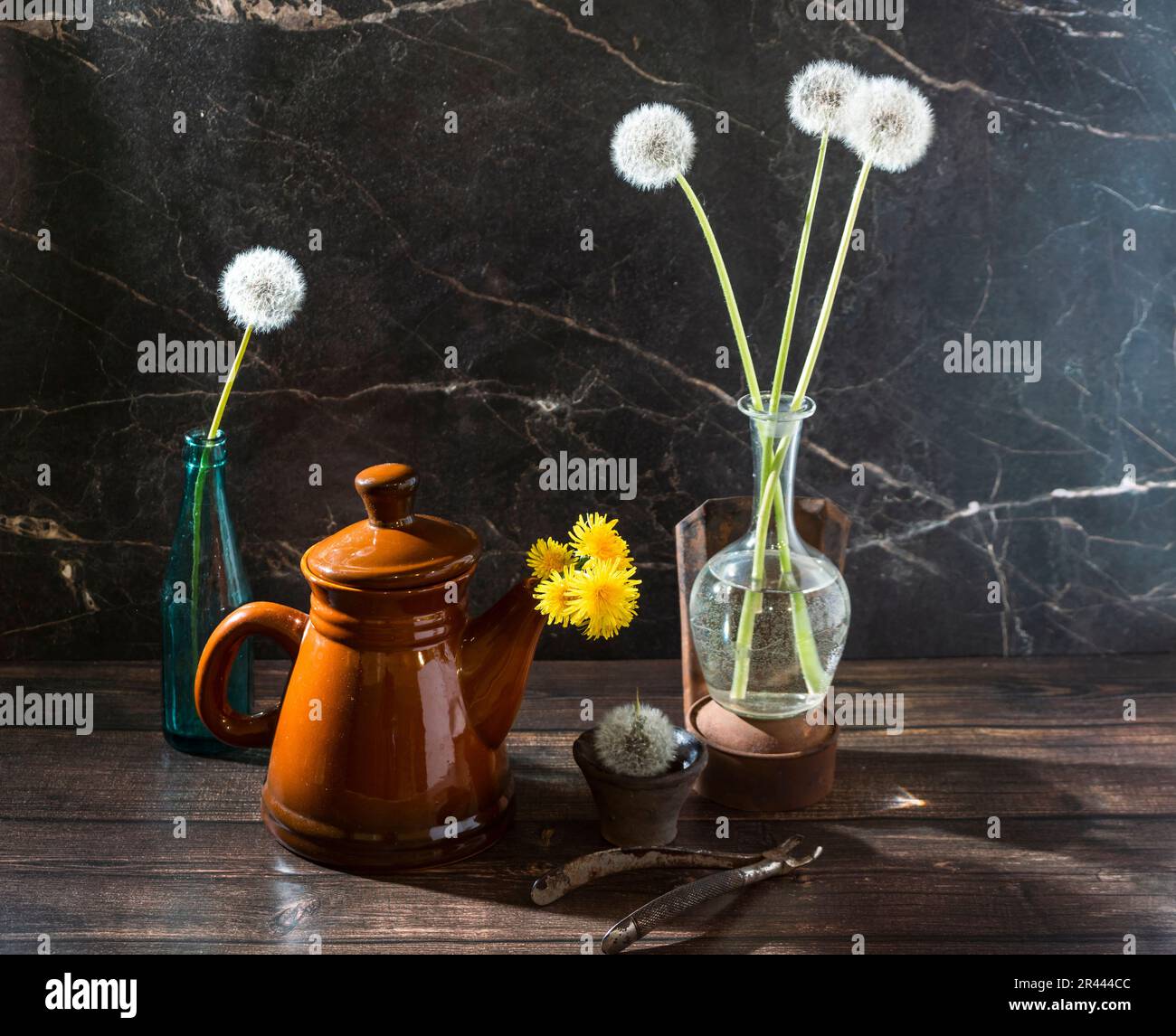 white dandelions in a glass vase, bottle and clay cup, the concept of ...