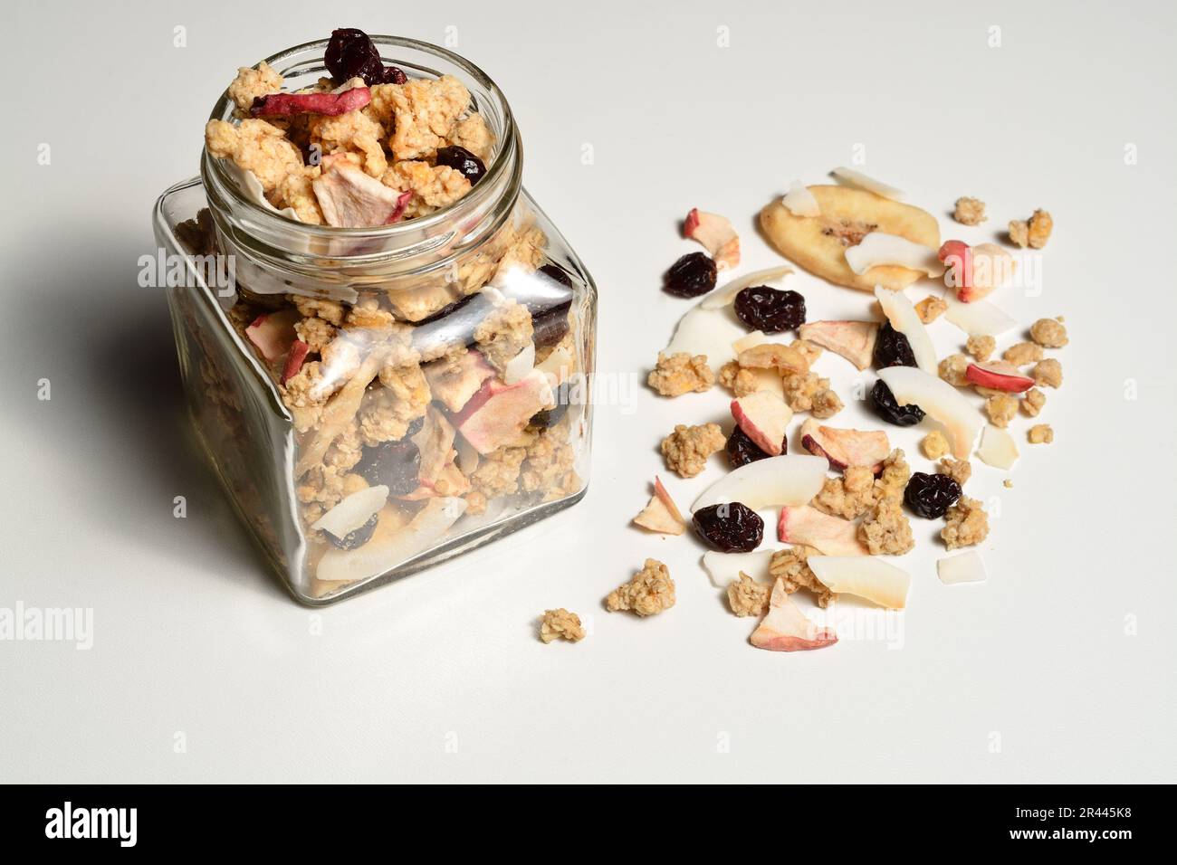 Delicious breakfast muesli with dried coconut, banana, apple