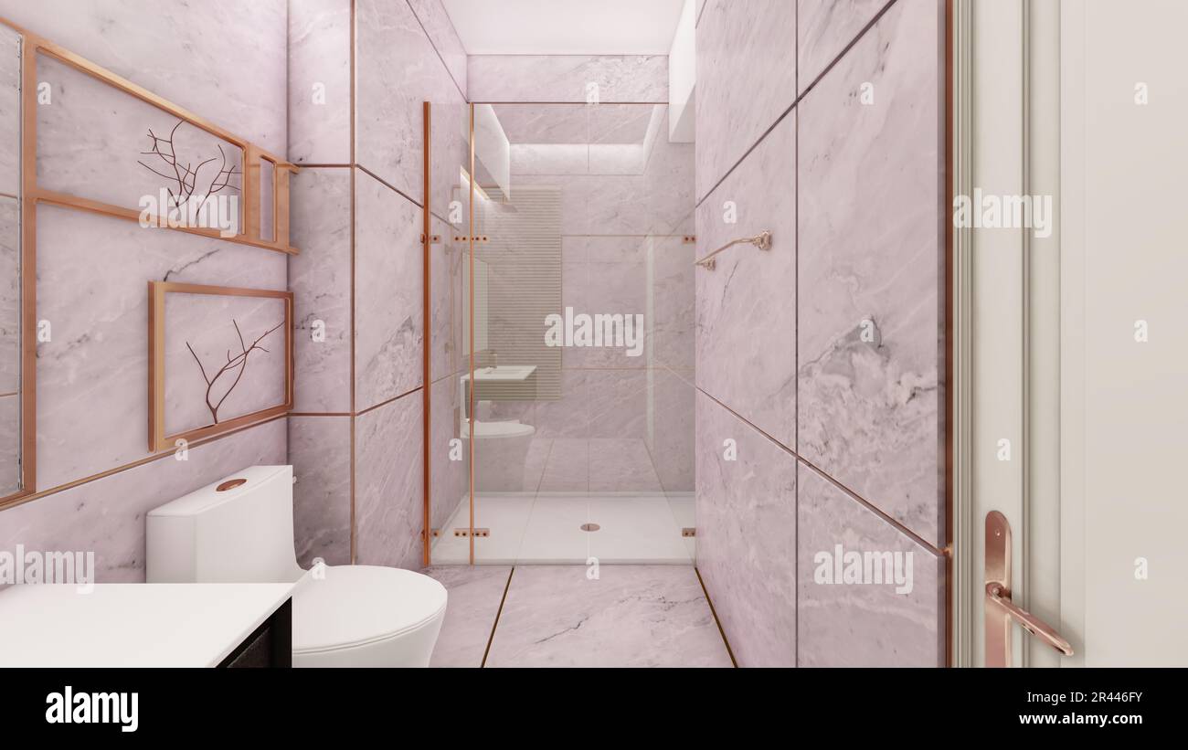 Mauve rose gold bathroom interior with rose gold accents Stock Photo