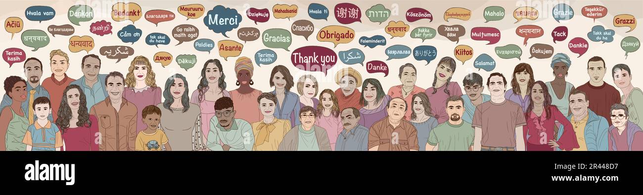 Banner many people of different ages and cultures with speech bubble with text -Thank you- in various languages and dialects of different countries Stock Vector
