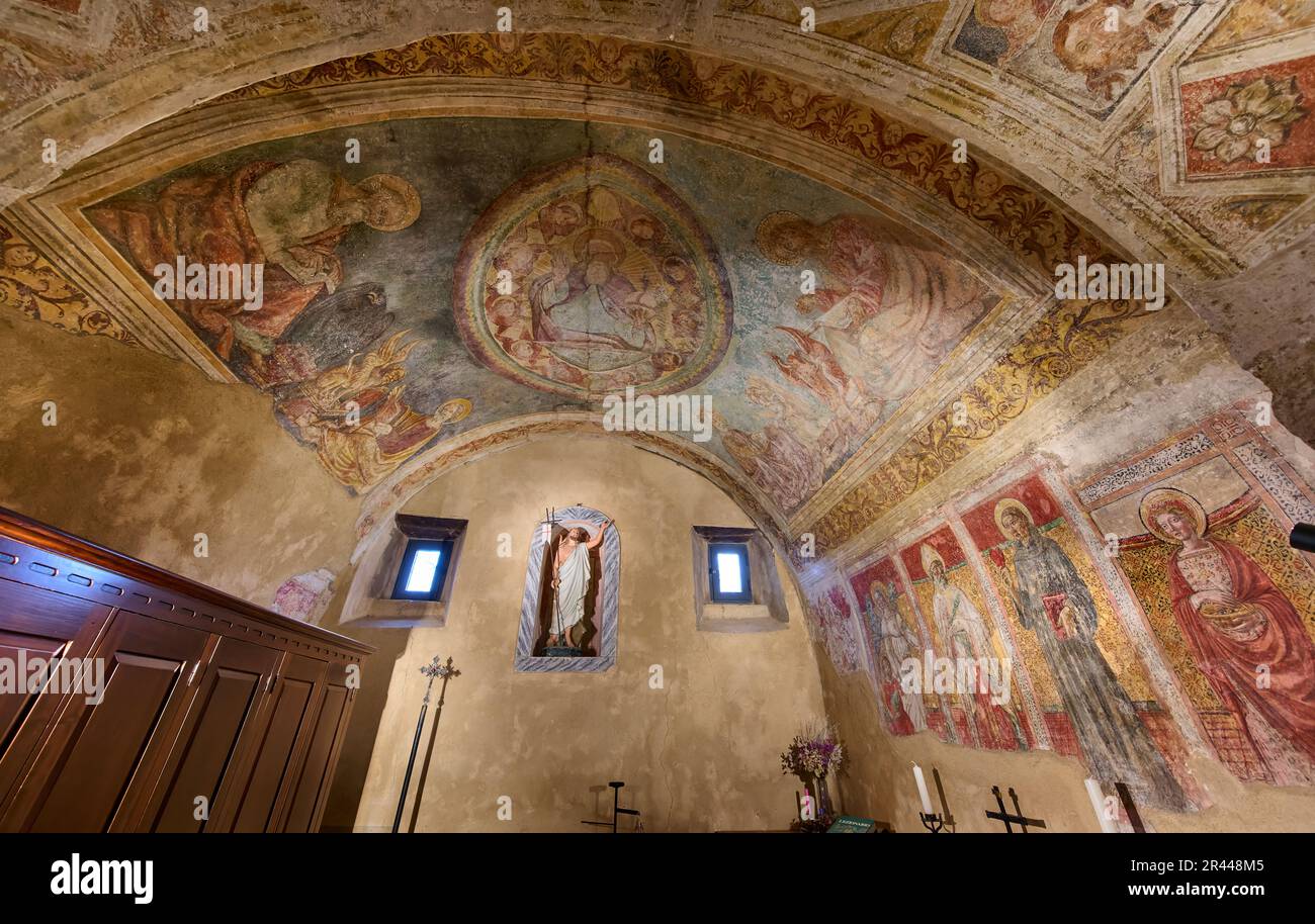 interior view with frescos of Romanesque church of Santa Maria Annunziata, Centro Storico di Sovana, Tuscany, Italy Stock Photo