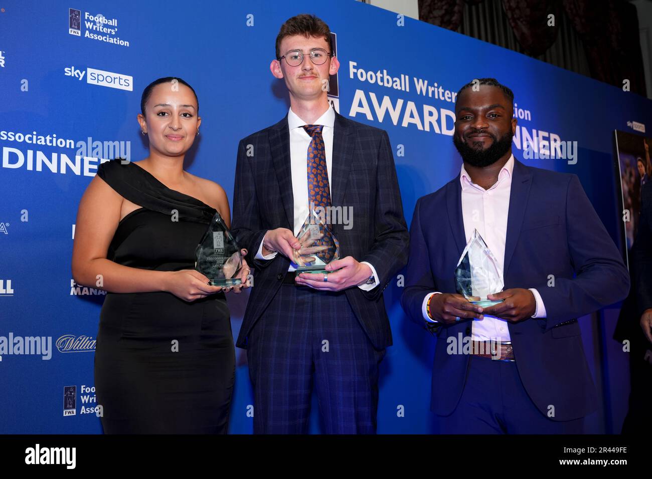 L-r; Lara Alsaid winner of the FWA Vikki Orvice student football writer of the year award alongside Dom Smith winner of the FWA Hugh McIlvanney student football writer of the year award and Morgan Ofori winner of the FWA/Kick It Out unheard voices football writer of the year award during the FWA Footballer of the Year awards held at the Landmark Hotel, London. Picture date: Thursday May 25, 2023. Stock Photo