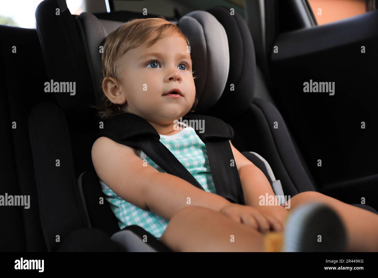 Cute little girl sitting in child safety seat inside car Stock Photo Alamy