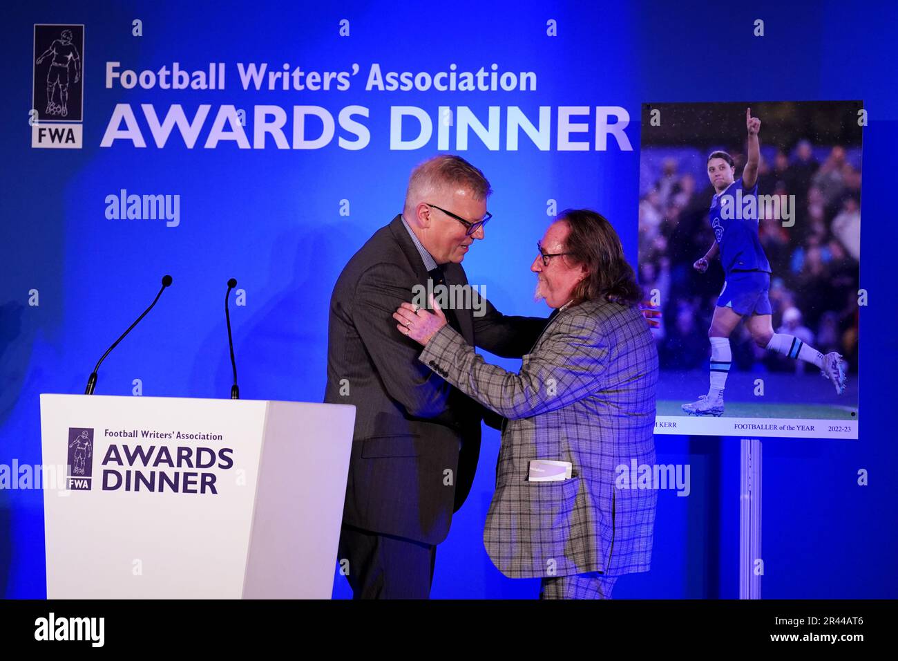 John Ley, (right) FWA membership secretary receiving his Ivan Sharpe Life Membership Award from John Cross (left) Chair of the FWA during the FWA Footballer of the Year awards held at the Landmark Hotel, London. Picture date: Thursday May 25, 2023. Stock Photo