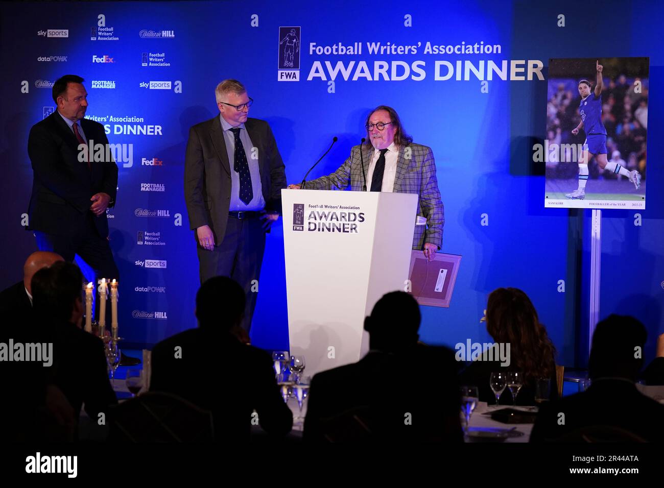 John Ley, (right) FWA membership secretary receiving his Ivan Sharpe Life Membership Award from John Cross (left) Chair of the FWA during the FWA Footballer of the Year awards held at the Landmark Hotel, London. Picture date: Thursday May 25, 2023. Stock Photo