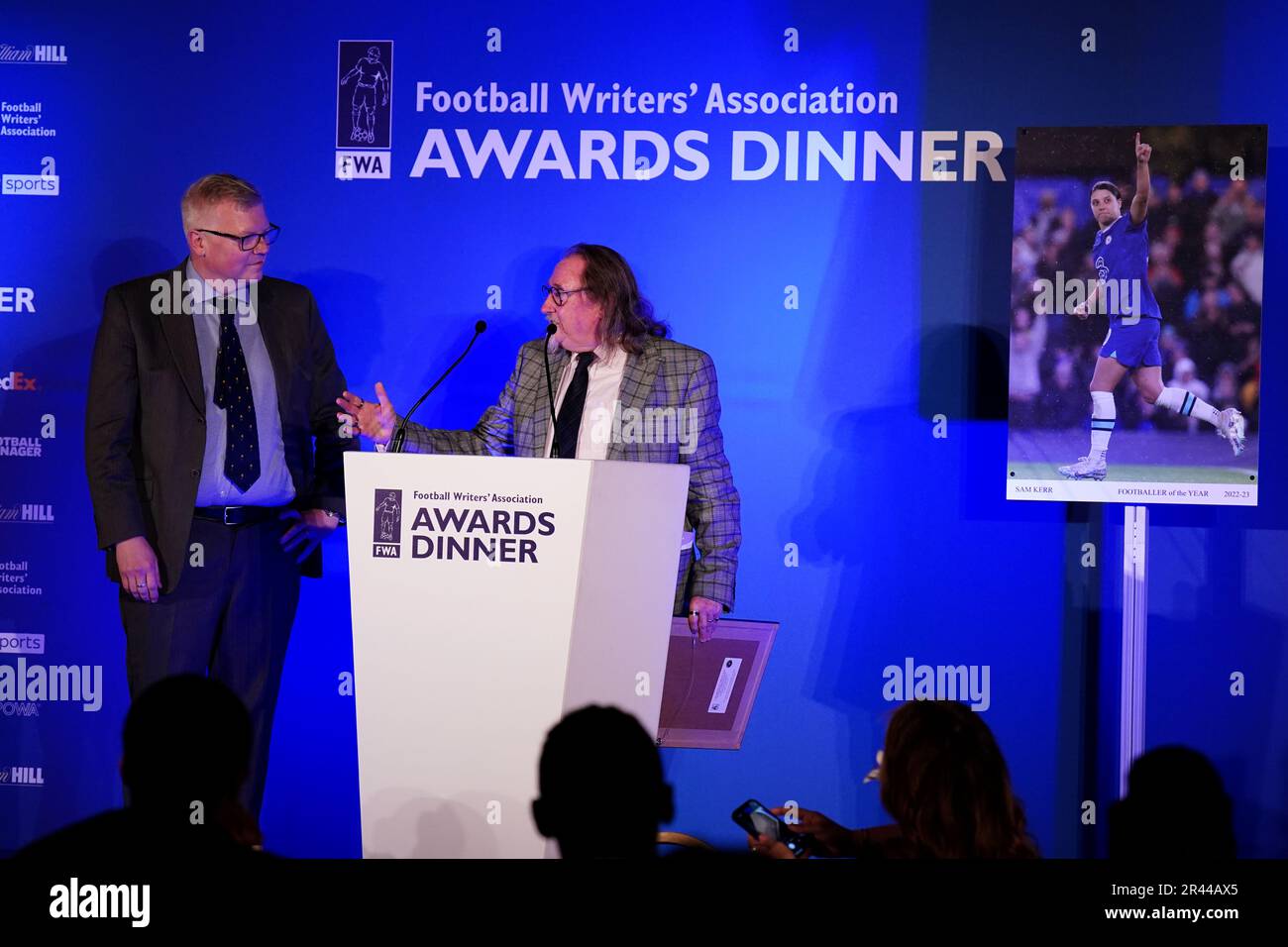 John Ley, (right) FWA membership secretary receiving his Ivan Sharpe Life Membership Award from John Cross (left) Chair of the FWA during the FWA Footballer of the Year awards held at the Landmark Hotel, London. Picture date: Thursday May 25, 2023. Stock Photo