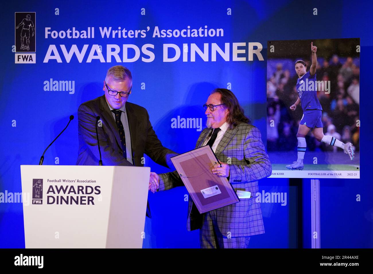 John Ley, (right) FWA membership secretary receiving his Ivan Sharpe Life Membership Award from John Cross (left) Chair of the FWA during the FWA Footballer of the Year awards held at the Landmark Hotel, London. Picture date: Thursday May 25, 2023. Stock Photo