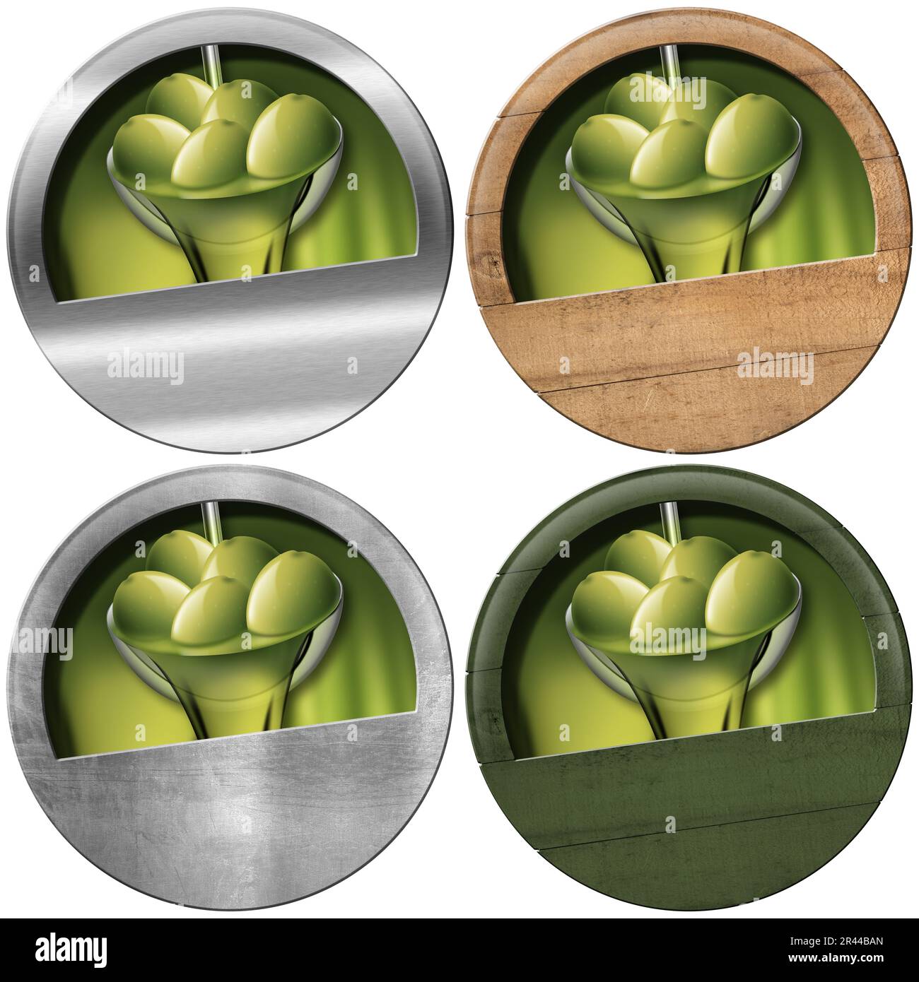 Collection of wooden and metallic round signs with green olives, olive oil and copy space. Isolated on white background, 3D illustration and Photo. Stock Photo