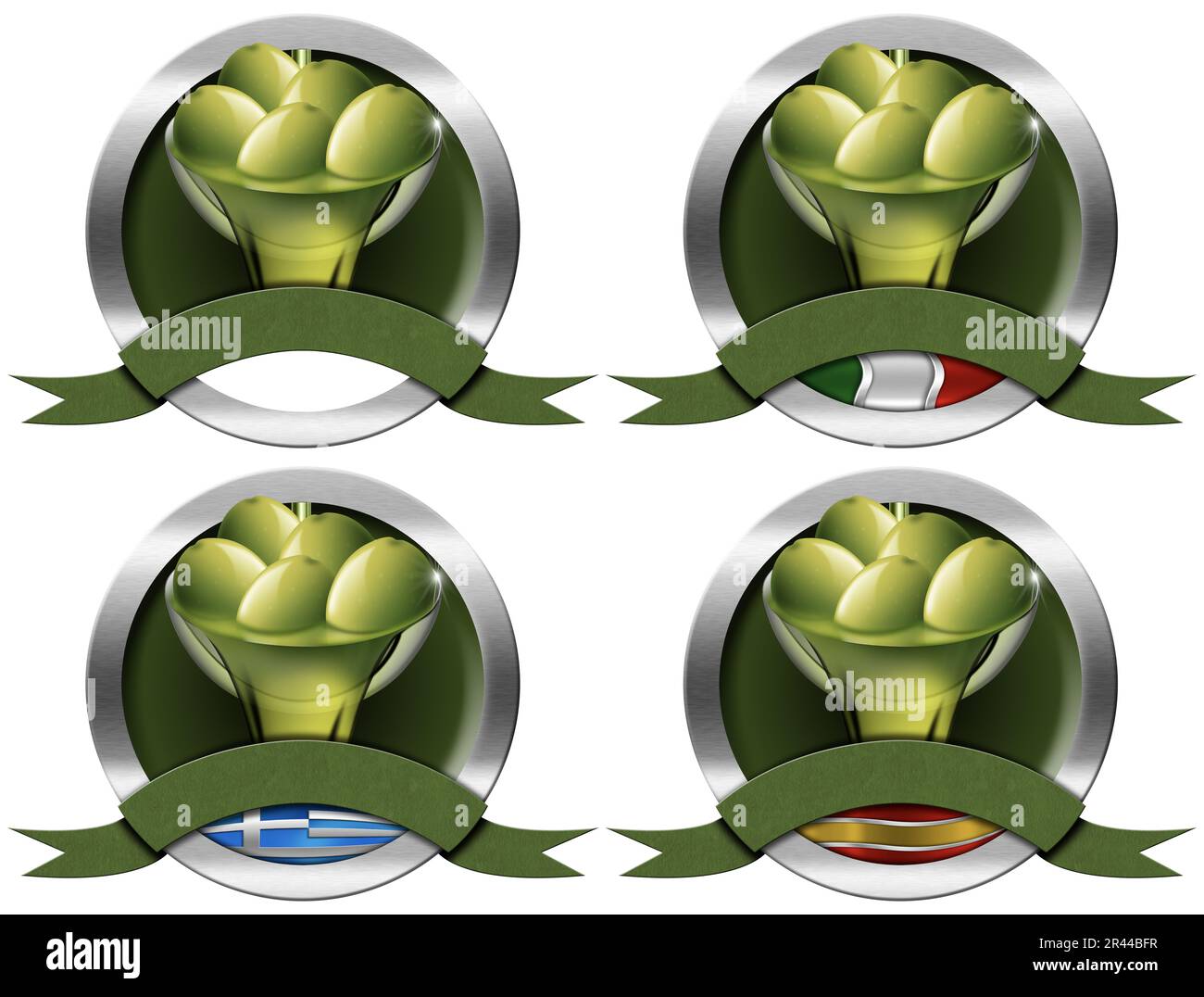 Metallic round signs with green olives, olive oil and copy space. Isolated on white background, 3D illustration. Italian, Greek and Spanish flags. Stock Photo