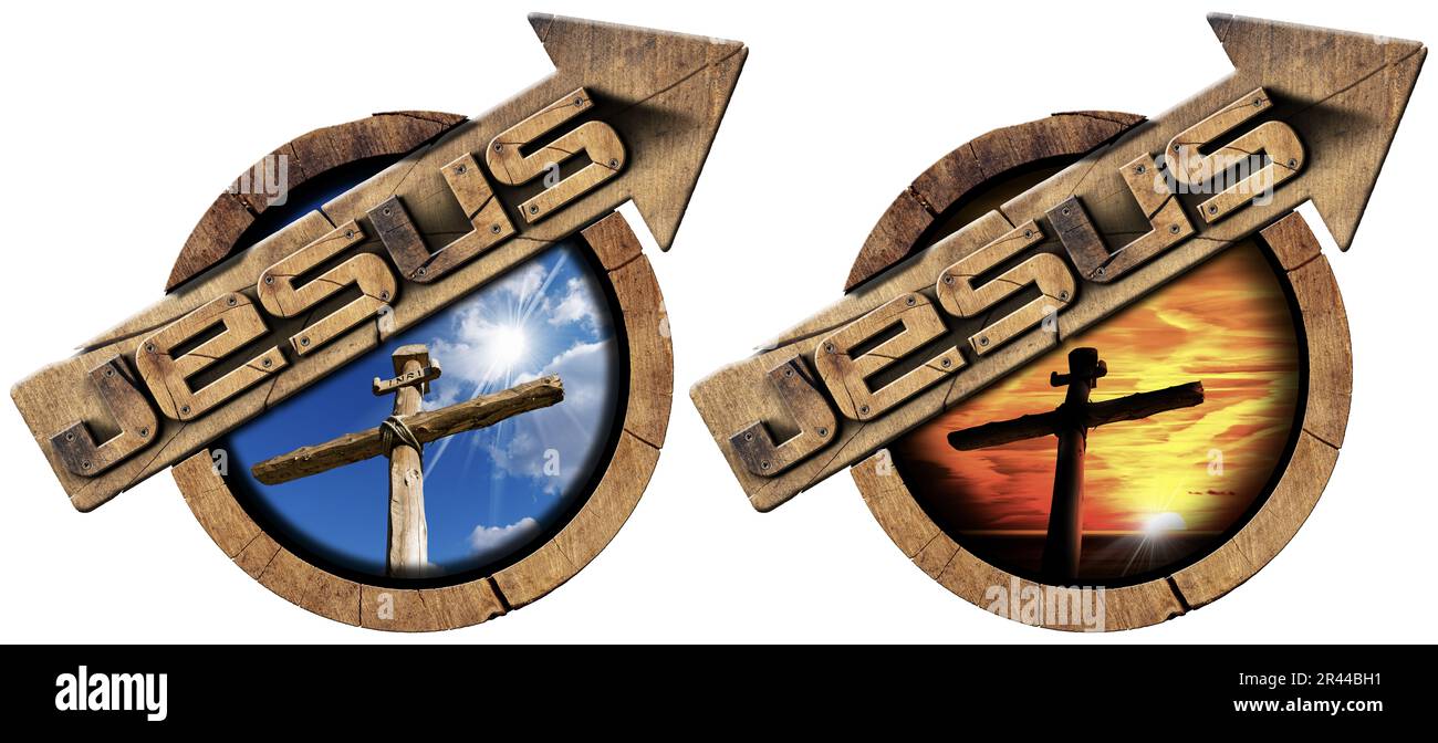 Two wooden directional signs with text Jesus and wooden religious cross. Isolated on white background. 3D illustration and photography. Stock Photo
