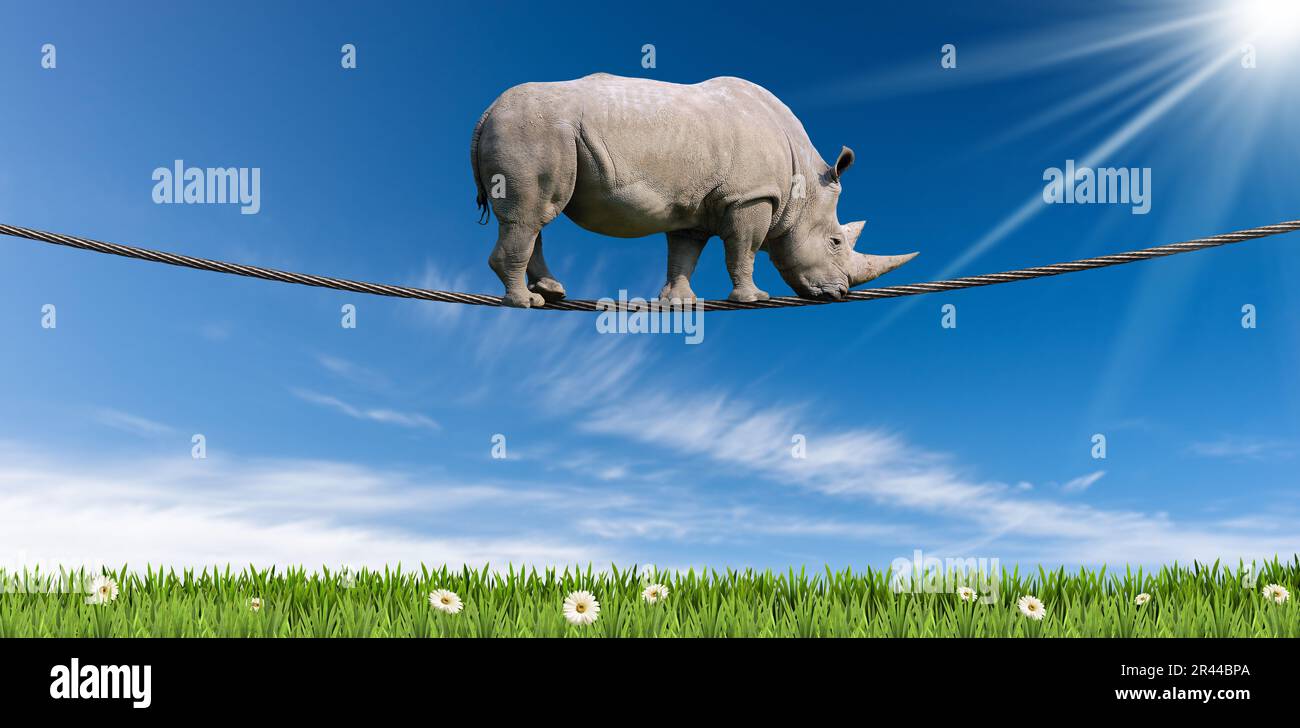 Huge white rhino (rhinoceros) walking on a steel cable (rope), above a