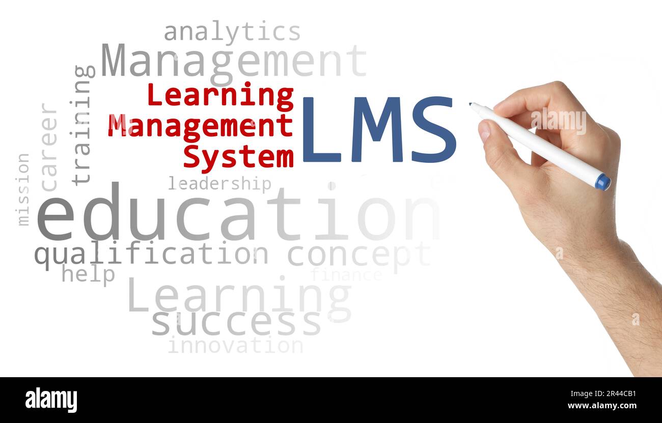 Learning management system. Woman writing abbreviation LMS on white board, closeup Stock Photo